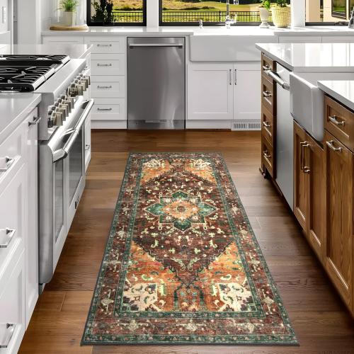 Yamaziot Washable Runner Rug, Non-Slip Boho Vintage Hallway Rug with Rubber Backing, Low Pile Faux Wool Distressed Carpet Runner for Bedroom, Kitchen, Laundry, Entrance (168 x 28)