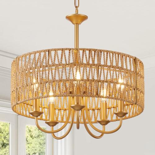 5-Light Boho Large Rattan Chandelier Light Fixture, Gold Rattan Chandeliers for Dining Room with Hand Woven Shade, Farmhouse Rustic Drum Hanging Pendant Light Fixture for Living Room, Hallway, Foyer