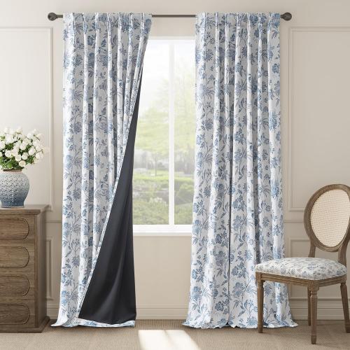 jinchan Pinch Pleated Curtains Blackout Floral Curtains for Bedroom Printed Flower Black Out Drapes, 96 Inches Long Curtain, Back Tab Blue Window Curtain Drapes with Hooks Set 2 Panels