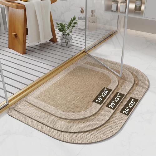 Half Circle Bath Mat, Non Slip Bath Mat, Thin Bathroom Rugs Fit Under Door Quick Dry Absorbent Washable Bathroom Mat with Rubber Backing, Brown Beige 16x24