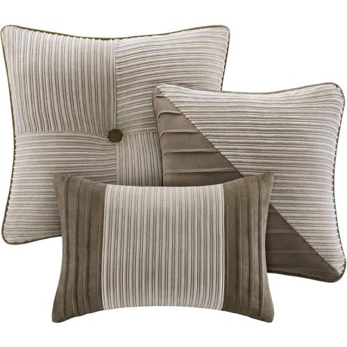 Queen Madison Park Cozy Comforter Set Casual Blocks Design All Season, Matching Bed Skirt, Decorative Pillows, Dallas Corduroy, Taupe Brown, 7 Piece