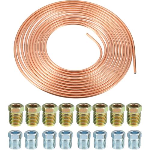 uxcell 1 Set 25 Ft of 5/16 Inch OD Brake Line Tubing Kit Flexible Copper Coated Brake Line Tube Roll Coil with 16 Inverted Flare Fittings