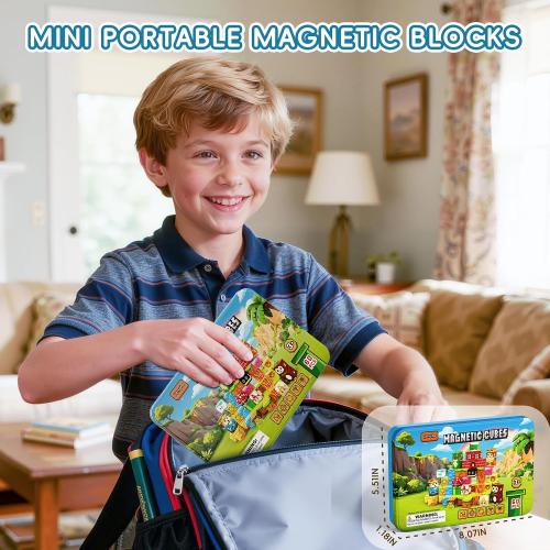 60PCS Mini Magnetic Building Cubes Set, Adventure-themed Magnetic Blocks, Portable Magnetic Travel Blocks with Iron Case, Educational Toy for Kids STEM & Construction Learning for Kids Aged 3