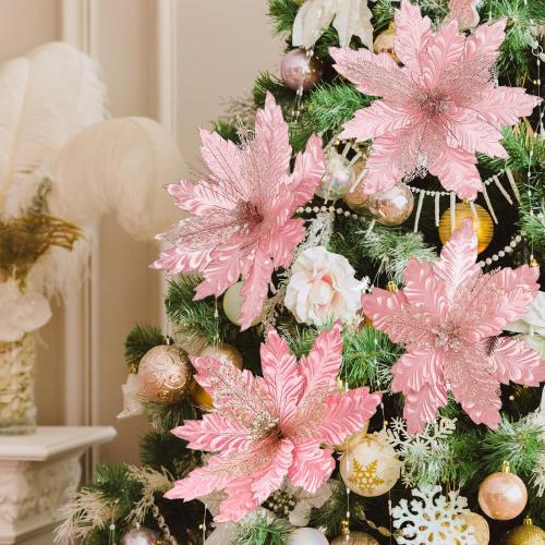 6 Pcs 18 x 15 Inch Large Pink Christmas Poinsettia Flowers Jumbo Rose Gold Xmas Ornament Pink Christmas Tree Decorations Rose Gold Glitter Poinsettia for Wreath Garland Indoor Outdoor Decor