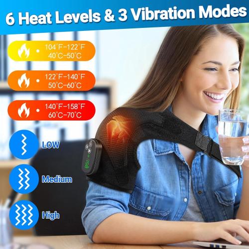 YUANBO Cordless Shoulder Heating Pad with Massager, Portable Shoulder Massager Wrap with 6 Timer & 3 Vibration for Rotator Cuff Frozen Pain Relief with 6 Heat & Timer Modes Warmer Gift for Men Women
