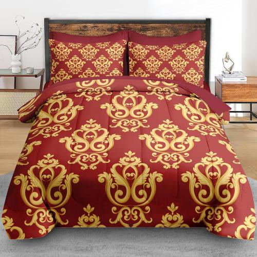 Comforter Set Full Size, Vintage Floral Gold 7 Pcs Bedding for Kids and Adults, Medieval Burgundy Red Bed Sheet Sets with Fitted Sheet 2 Pillowcase & 2 Sham for Bedroom Bed Decor