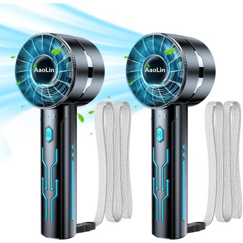 AaoLin 2pcs Portable Handheld Turbo Fan with 7000rpm High-Speed Motor USB Rechargeable Cooling Personal Fan 4-Speed, 4-16H Runtime, with Lanyard for Outdoor Travel, Women, Kids, Summer Gift