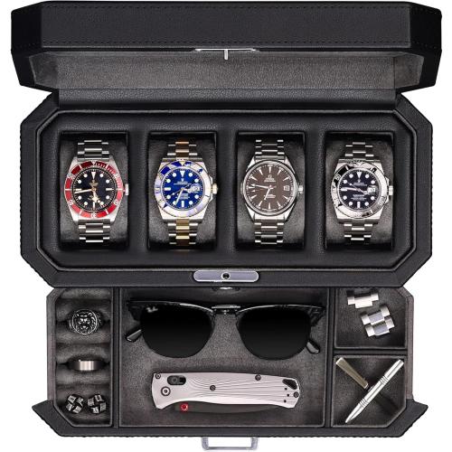 ROTHWELL 4 Slot Leather Watch Box with Valet Drawer - Luxury Case Display Jewelry Organizer, Locking Display Case Holder with Real Glass Top - Watch Box Organizer for Men & Women (Grey)