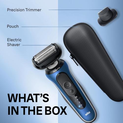 Color Blue Braun Electric Shaver for Men, Series 6 6120s, Wet & Dry Shave, Turbo & Gentle Shaving Modes, with Precision Trimmer & Pouch, Blue