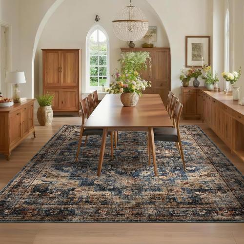 GarveeHome 10x13 Washable Vintage Living Room Area Rug: Vintage Machine Washable Area Rug for Living Room Indoor Large Non-Slip Bedroom Carpet Low Pile Stain Resistant Dining Room Carpet Blue&Brown