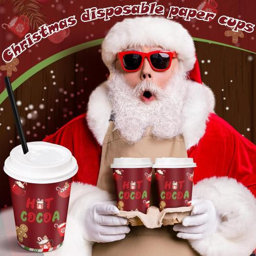 50 Set Christmas Hot Cocoa Paper Cups 12 oz Christmas Disposable Coffee Cups with Lids Straw Holiday Cup Bulk for Cocoa Hot Chocolate Bar Supplies for Beverage Ice Cream Coffee Party Decor