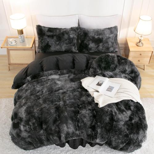 annadaif Plush Shaggy Duvet Cover, Tie Dye Black Fluffy Comforter Cover Set Full Size, Fuzzy Faux Fur Bedding Set with Zipper Closure, Luxury Ultra Soft 3 Pieces (1 Duvet Cover, 2 Pillowcases)