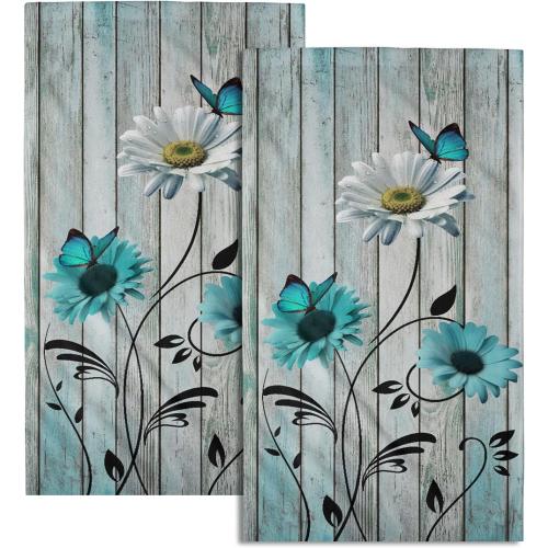 Teal Floral Hand Towels Set of 2 Rustic Daisy Fingertip Towel Soft Absorbent Guest Bath Towel Kitchen Dish Towel for Spa Home Bathroom