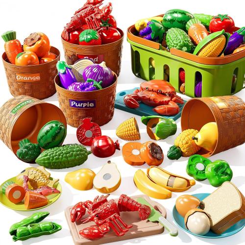 Play Food Set for Kids, Toddler Learning Toys, Cutting Food Toy Color Sorting Set, Pretend Food Play Kitchen Accessories for Kids, Birthday Gifts for 3-8 Years old Boys Girls Educational Toys