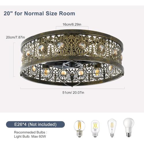 Garwarm 20 Caged Ceiling Fans with Lights, Low Profile Crystal Fandelier