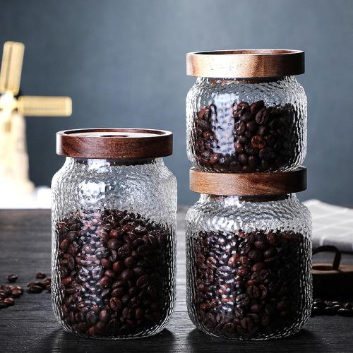 Viovian 16 oz Glass Coffee Nuts Canister Vintage Glass Storage Jars with Wooden Lids Clear Decorative Jar for Food Kitchen Coffee Tea Sugar Cookie Candy Counter Pantry 500ML