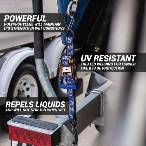 Rear TRANSOM Boat Trailer Straps Ratchet TIE Downs Strap, Made in NZ - 1.5 x 4’ Heavy Duty Rear Transom with PVC Hooks for Trailered Boats, Pontoons & Jetskis - 3,300lbs Break Strength - (Pair) Blue