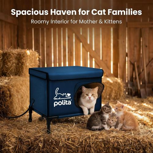 Polita Indestructible Heated Cat House for Outdoor Cats All Seasons, Extremely Insulated & 100% Weatherproof, Elevated Feral Cat Shelter with Waterproof Eaves &Safe Escape Door for Stray & Barn Cats​​