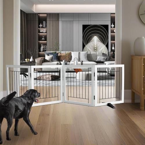 Size 24 Freestanding Dog Gate Indoor, Foldable Dog Fence for Doorways,Hallways or Stairs, Sturdy Wood Extra Wide Pet Gate with Support Feet,White,24 Height-4 Panels