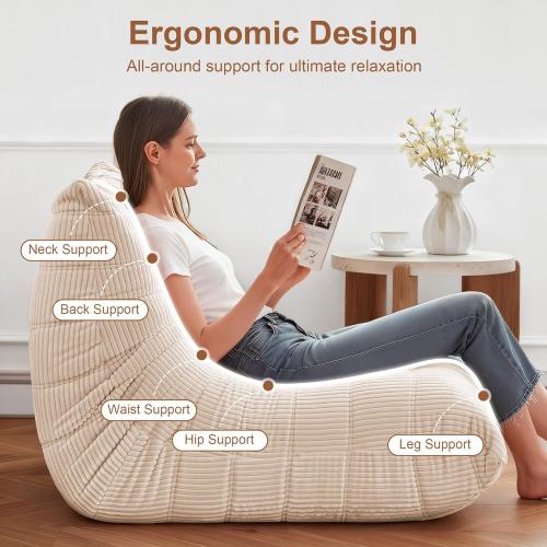 Bean Bag Chair for Adults - Large Bean Bag Chairs with Lumbar Pillow, Oversized Corduroy Memory Foam Boneless Chair with High-Rebound, Lazy Floor Sofa for Reading Gaming Living Room Bedroom, Beige