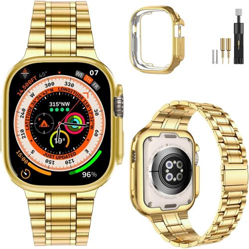 MioHHR Solid Stainless Steel Band Compatible with Apple Watch 49mm Ultra 3/2/1, Metal Strap with Soft TPU Case for iWatch Series Ultra 3/2/1 49mm Women and Men, Gold***