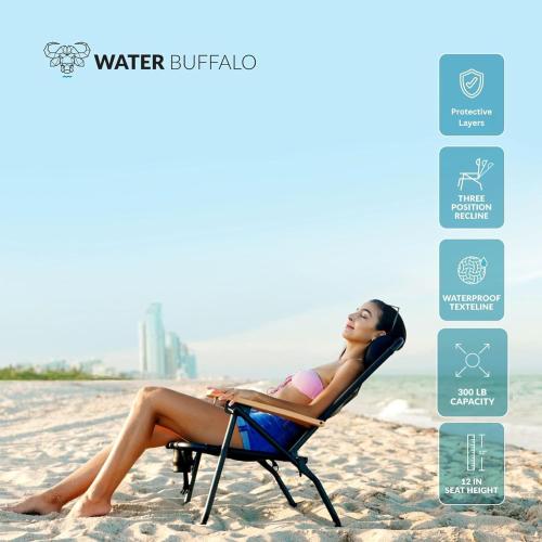Water Buffalo Bondi Backpack Beach Chair, Reclining, Cup Holder, Tan | Lightweight Portable Design, High Back Support, Cup Holder, Padded Backpack Straps, Reclining Positions