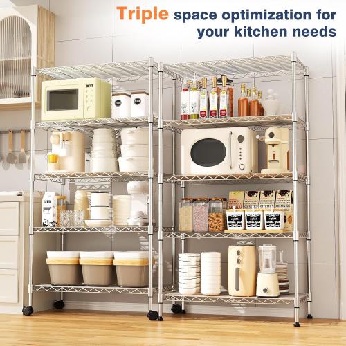 5-Tier Heavy Duty Metal Shelf,Chrome Wire Shelving Unit 35Wx18Dx71H | Height Adjustable Storage Wire Shelves with Lockable Wheels for Garage,Kitchen,Office,Bathroom,Studio