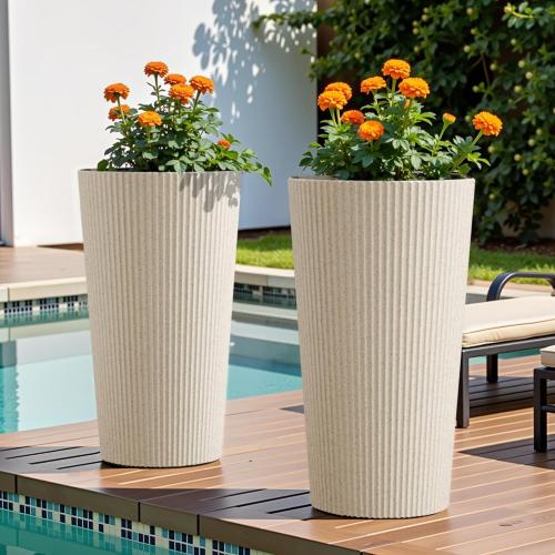 Tall Planters for Outdoor Plants Set of 2 - Fluted Large Outdoor Planters for Front Porch Decor with Drainage Hole, Plastic Round Flower Pots Fits Indoor Plants Patio/Garden, Beige