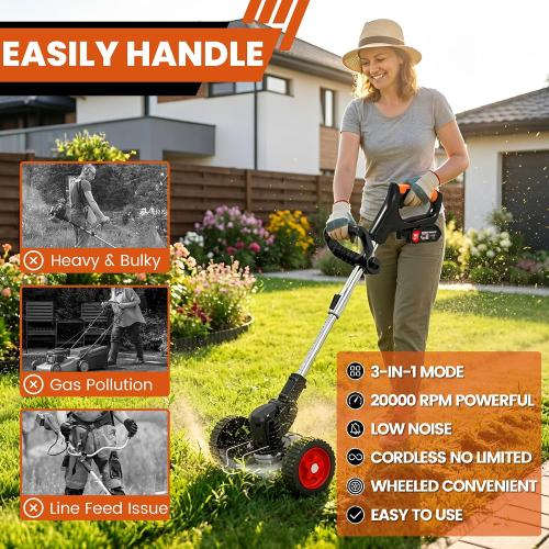 Electric Weed Wacker Cordless Weed Eater, Stringless Trimmer Battery Powered 4 in 1 Lightweight Grass Trimmer/Brush Cutter/Edge, 4 Types Blade, No String Weed Trimmer with Wheels for Lawn Yard Garden