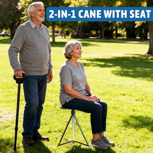 Walking Cane with Seat Folding Lightweight, 2-in-1 Cane Stool for Adults, Aluminum Walking Stick with Seat, Capacity 330lb Portable Stool for Senior, with Carry Bag-Black