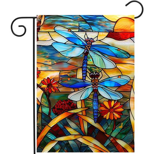 Stained Glass Dragonfly Garden Flag Spring Summer Yard Flag Fall Floral Decorative Flags for Outside 12x18 Double Sided Small Seasonal Lawn Flags Rustic Outdoor Decor