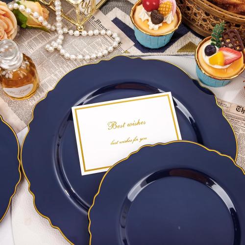 WDF 100pcs Blue Plastic Plates - Baroque Blue&Gold Disposable Plates for Parties/Wedding-50Plastic Dinner Plates 10.25in, 50Salad Plates 7.5in for Party/Birthday/Wedding/Passover