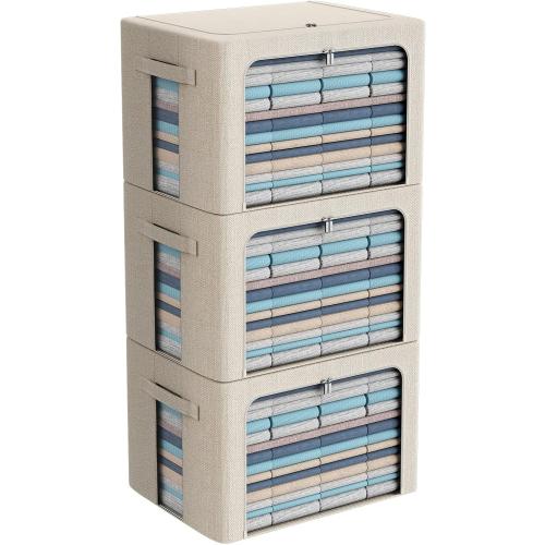 CYhom 3Pack Foldable Storage Bins - Frame Storage Box Linen Fabric Stackable Clothes Container Organizer with Clear Window & Carry Handles Large Capacity (Extra Large-100L, Beige)