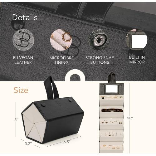 Travel Jewelry Organizer Jewelry Box – Luxurious, Compact Jewelry Travel Organizer w/ Necklace Holder, Earring Organizer, Ring Holder, Hidden Compartments Jewelry Roll Case w/ 5X Capacity! (BLACK)