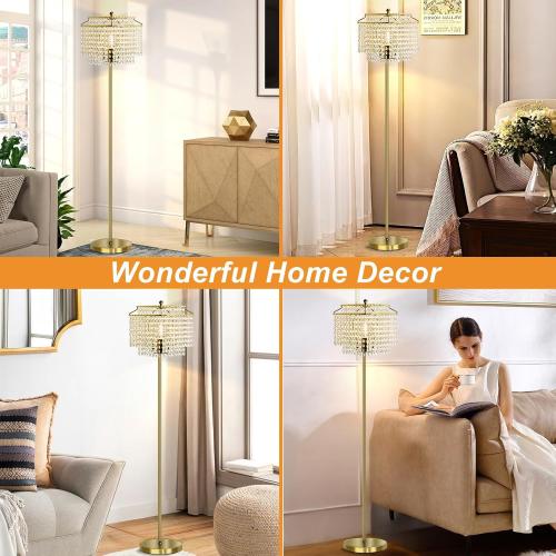 Luvkczc Gold Crystal Floor Lamp, 64 Tall Elegant Standing Lamp with On-Off Foot Switch, Double-Layer Lampshade, Standing Floor Lamps for Living Room, Bedroom, Office, 8W LED Bulb Included