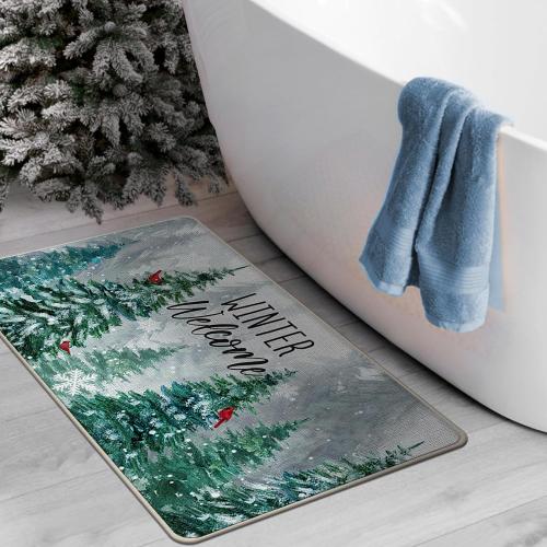 Winter Welcome Decorative Front Door Mat, Farmhouse Pine Tree Cardinal Red Bird Doormat Indoor Outdoor Non-Slip Floor Entryway Rug, Snowflake Forest Christmas Home Kitchen Decoration 17x29