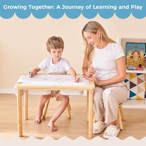 Bateso Sensory Table for Toddlers 1-3 with  Chairs & Roll Paper, Wooden Kid Activity Table Chair Set with Double-Sided Boards and Storage Bins for Sand and Water Play