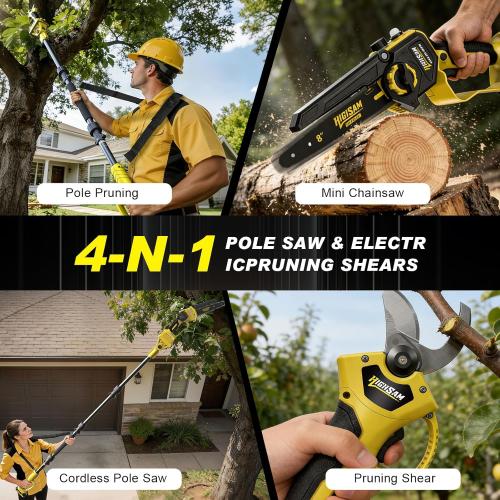 4-in-1 Cordless Pole saw Pruning Set,Electric Pruning Shears & 8 Inch pole saws for tree trimming with 13.8ft Max Extension Pole,Brushless Motor,Two 4.0Ah Batteries, Electric Pole Saw Tree Trimming