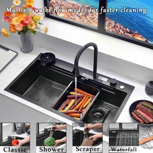 Kitchen Sink 27' Waterfall Stainless Steel Kitchen Sink with Pull-Faucet Single Bowl Bar sinks Adjustable temp 27x18 inches Sinks