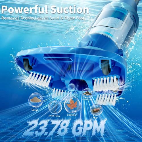 Cordless Pool Vacuum for Inground & Above Ground Pools: 23.8 GPM Powerful Stable Suction, Telescopic Pole up to 90.6, 60-Min Runtime, Extra-Large Filter & Rechargeable Pool Cleaner for Spas/Hot Tubs