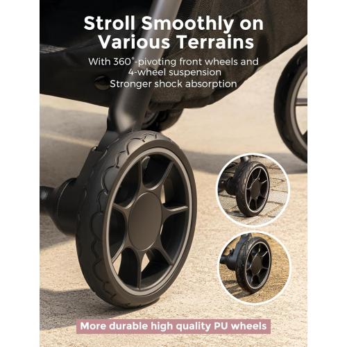 Momcozy ClickGo Lightweight Stroller, Compact Travel Stroller for Airplane with One-Click Fold, Baby Strollers and Toddler Stroller with Large Canopy for Kids from 0 Months, Extendable UPF50  Canopy