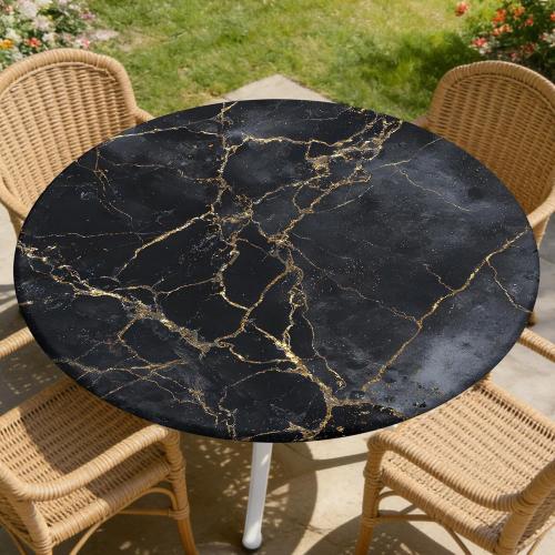Round Fitted Tablecloth with Elastic Edge Design Table Cover Waterproof Stain-Resistant Wipeable Table Cloth Best for 45-48 Round Tables for Outdoor/Indoor Black Marble