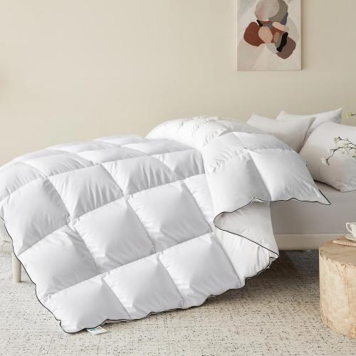 Goose Feather Down Fiber Comforter Queen Size, Premium All Season Fluffy Duvet Insert, 100% Cotton Hotel Bedding Comforter Medium Warmth Duvet Insert (90 x 90in, White)