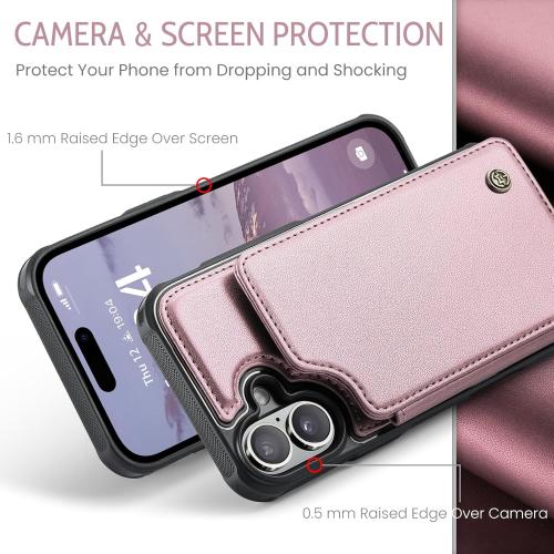 Compatible with iPhone 16 6.1 Wallet Case with Card Holder RFID Blocking for Women Men, Double Magnetic Clasp Kickstand Shockproof Phone Case Fit for iPhone 16, Rose Gold