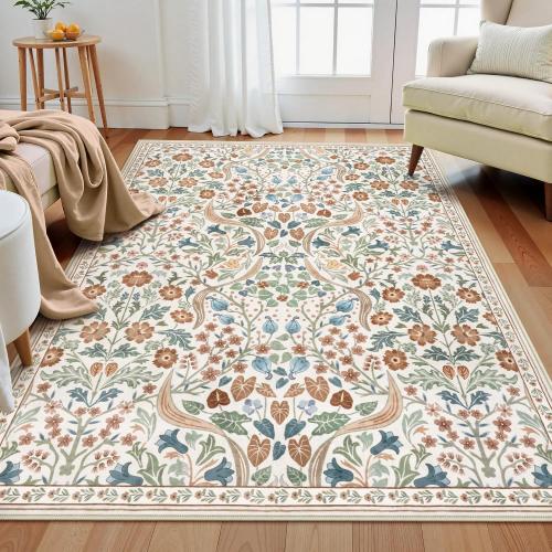 Lahome Floral 3x5 Beige Nursery Rug, Non-Slip Washable Area Rugs for Dorm Bedside Entryway, Botanical Soft Boho Carpet for Kids Room, Entrance Indoor