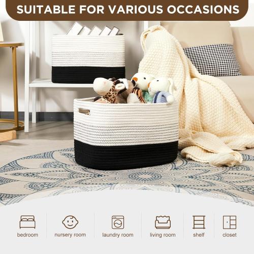 Temary Woven Storage Baskets, Set of 4 Rope Baskets for Storage Clothes, Towels, Versatile Boho Storage Bins (White&Black