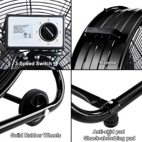 24 Inch High Velocity Heavy Duty Industrial Fan with 3-Speed Adjustment Up to 8100 CFM, Large Fan Floor Cover for Factory, Storehouse, Workshop, Garage, Gym, Patio. Black
