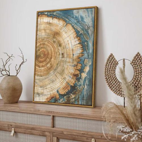 BingruiArt Faux Wood Tree Ring 08 Canvas Wall Art 16x24 Framed | Boho Abstract Nature Wall Decor, Green Abstract Wood Grain and Tree Stump Print, Living Room Bedroom Bathroom or Office