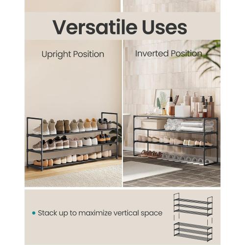 SONGMICS Shoe Rack, 3-Tier Shoe Organizer, Metal Storage Shelf, Upright or Upside Down, for 20-24 Pairs, Stackable, for Entryway, 11.8 x 46.1 x 21.7 Inches, Black ULSA033B01