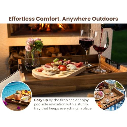 Acacia Wooden Ottoman Tray for Living Room & 6 Coasters Set – 21 Large Coffee Table Serving Tray with Handles, Perfect for Food, Drinks, Kitchen, and Home Decor